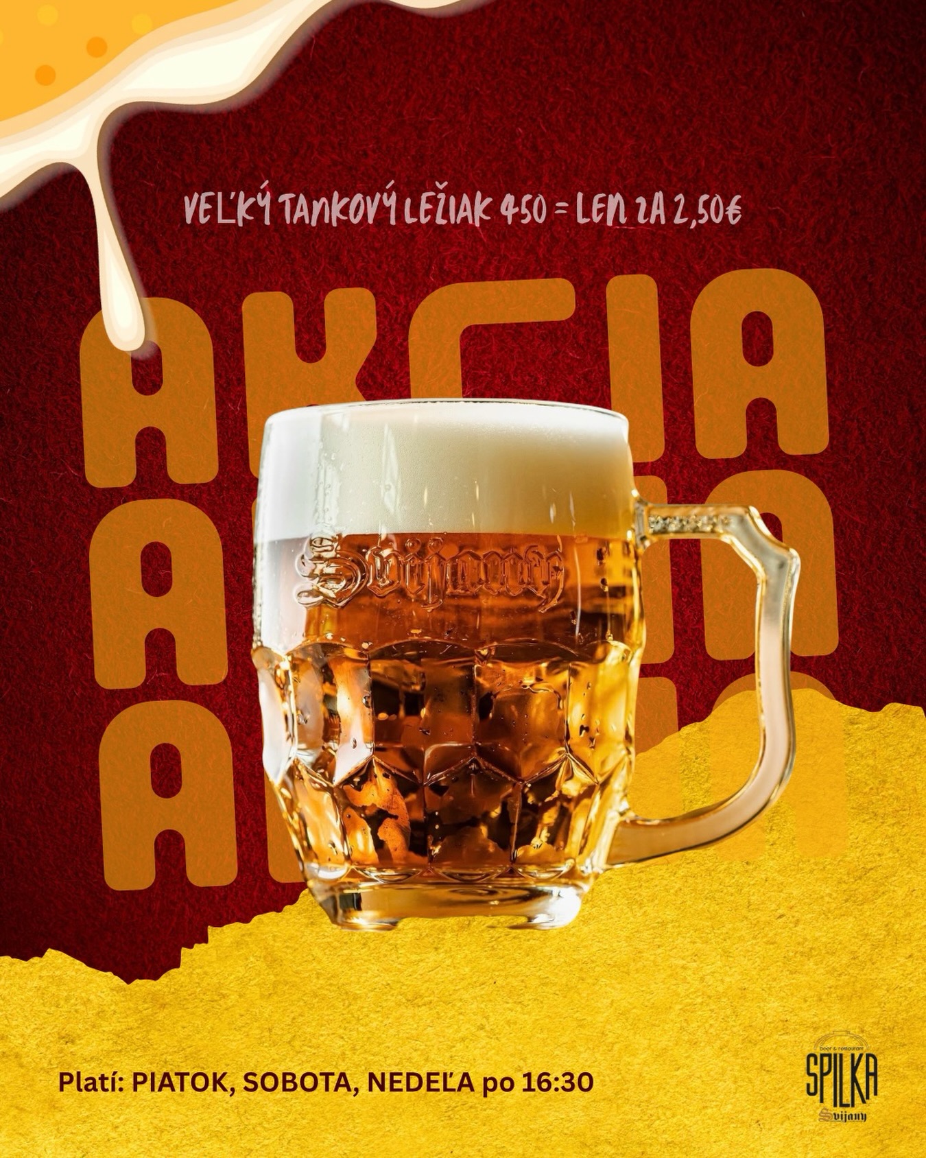 Veľké tankové pivo len za 2,50€?! 😮‍💨 PRESNE TAK! Náš prémiový ležiak 450 je odteraz v akcii z 3,20€, ktorá platí každý piatok, sobotu a nedeľu po 16:30 🍺 Príďte si ho vychutnať s priateľmi k nám do📍Spilky

#Spilka #spilkarestaurant #akcia #zlava
