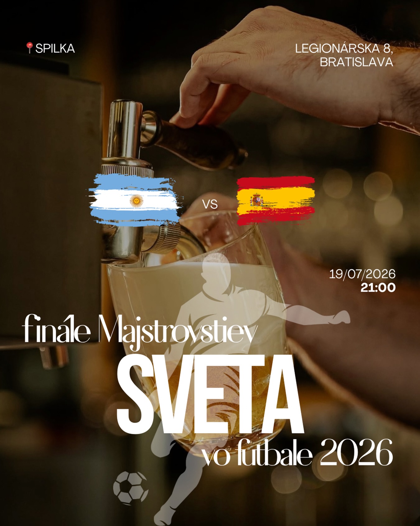 Už túto NEDEĽU 19.7. sa u nás v📍Spilke bude premietať finále Majstrovstiev sveta fo futbale 2026, v ktorom si zahrá ARGENTÍNA proti ŠPANIELSKU ⚽️ Ak si fanúšik, prídi si tento nezabudnuteľný zápas vychutnať k nám o 21:00 s dobrým pivkom a ešte lepším jedlom 🤌🏼 Tešíme sa! 

#Spilka #Worldcup #Spilkabratislava